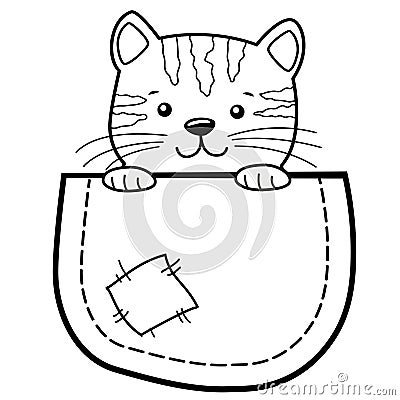 Pocket Cat. Childish print with kitty for t-shirt. Black and white vector illustration for coloring book Vector Illustration